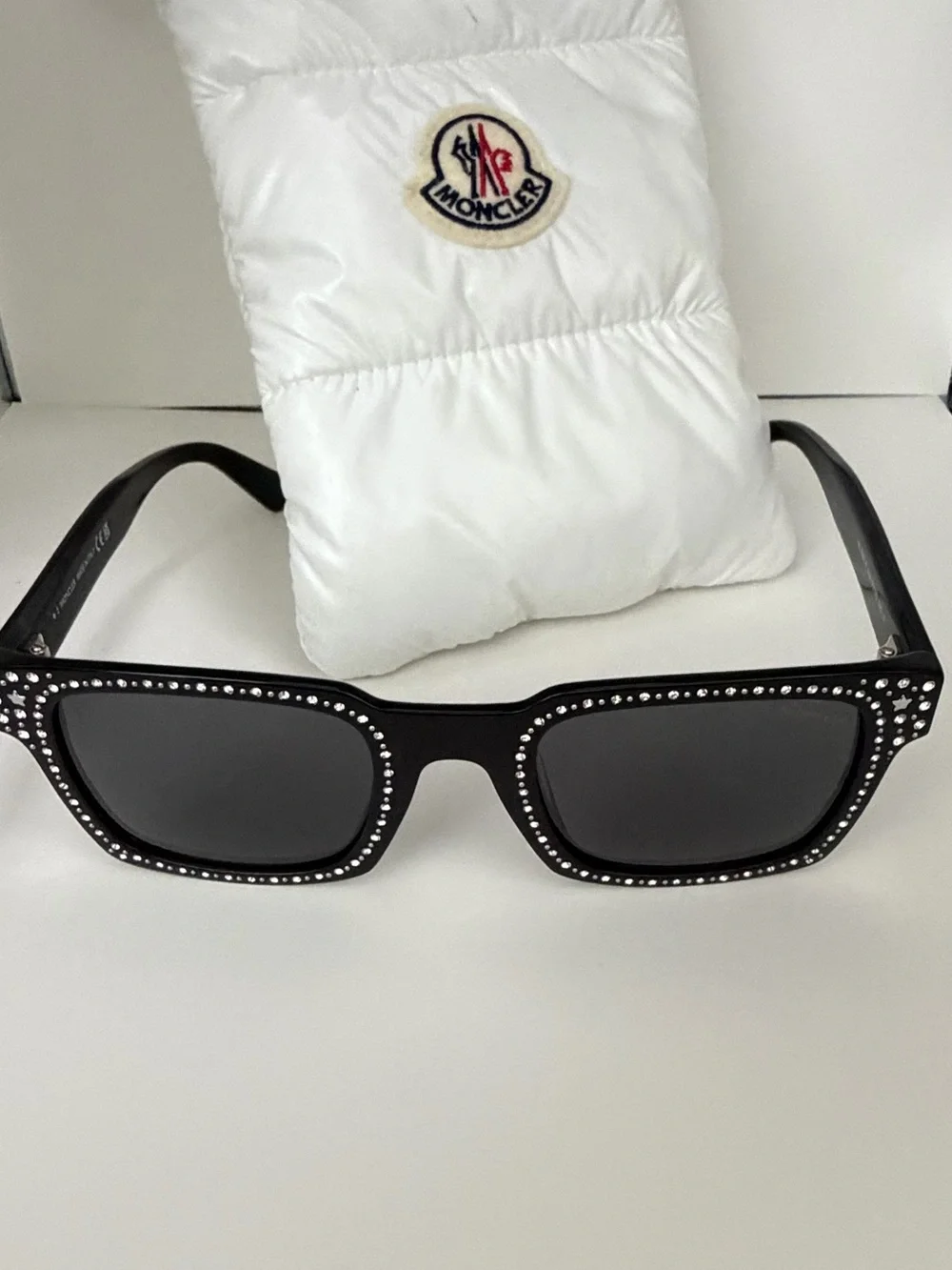 Moncler Black Crystal-Trim Rectangular Sunglasses with White Pouch